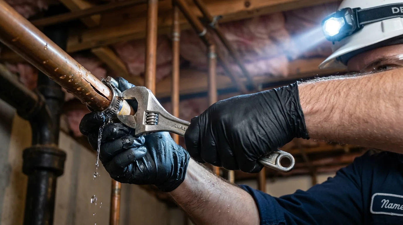 Emergency pipe clamp repair being performed by a Johns Plumbing LLC plumber in Nickerson