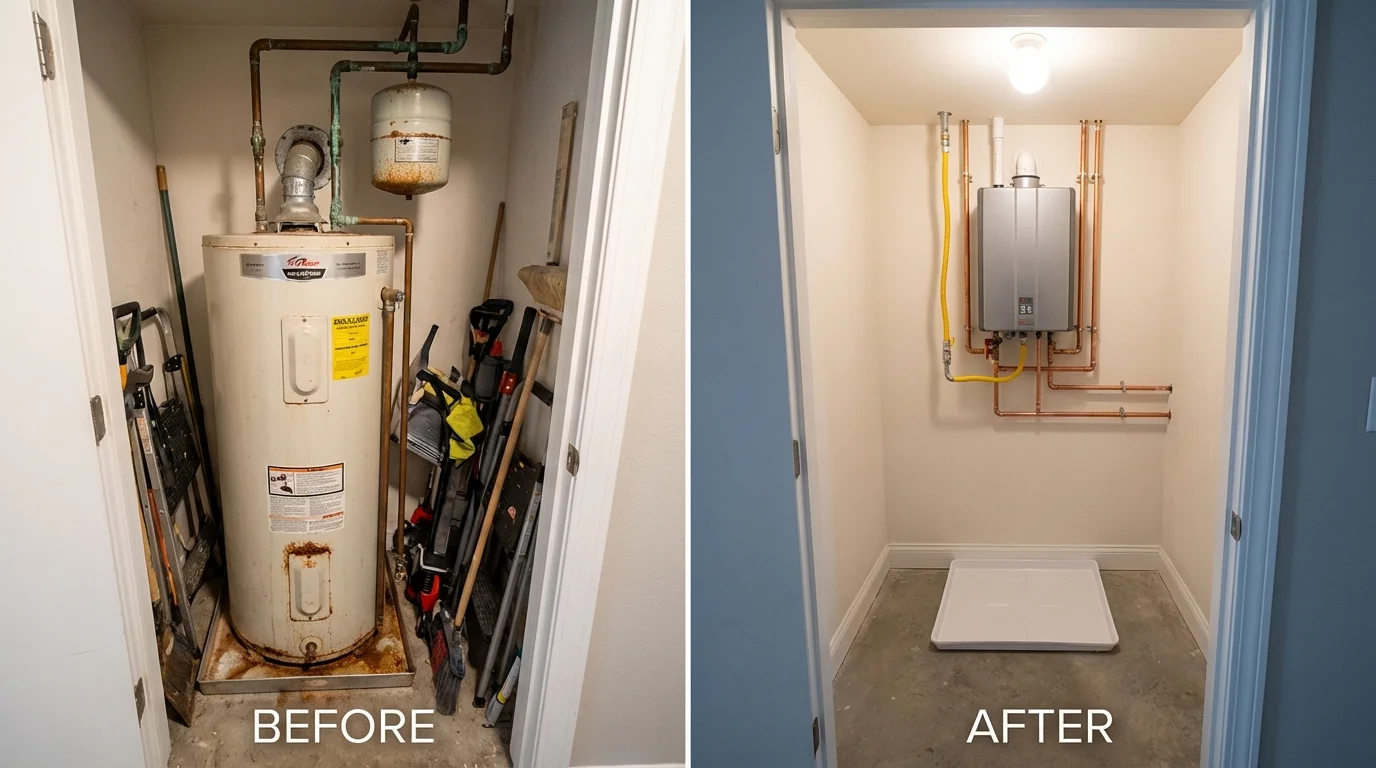 Tank water heater versus wall-mounted tankless unit comparison for Nickerson, KS homeowners