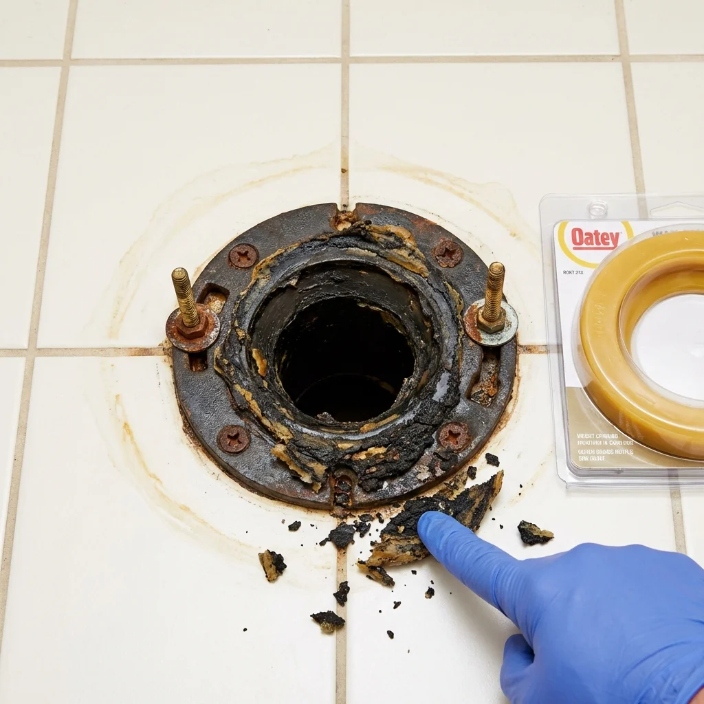 Failed wax ring showing water seepage at the base of a toilet in a Nickerson, KS home