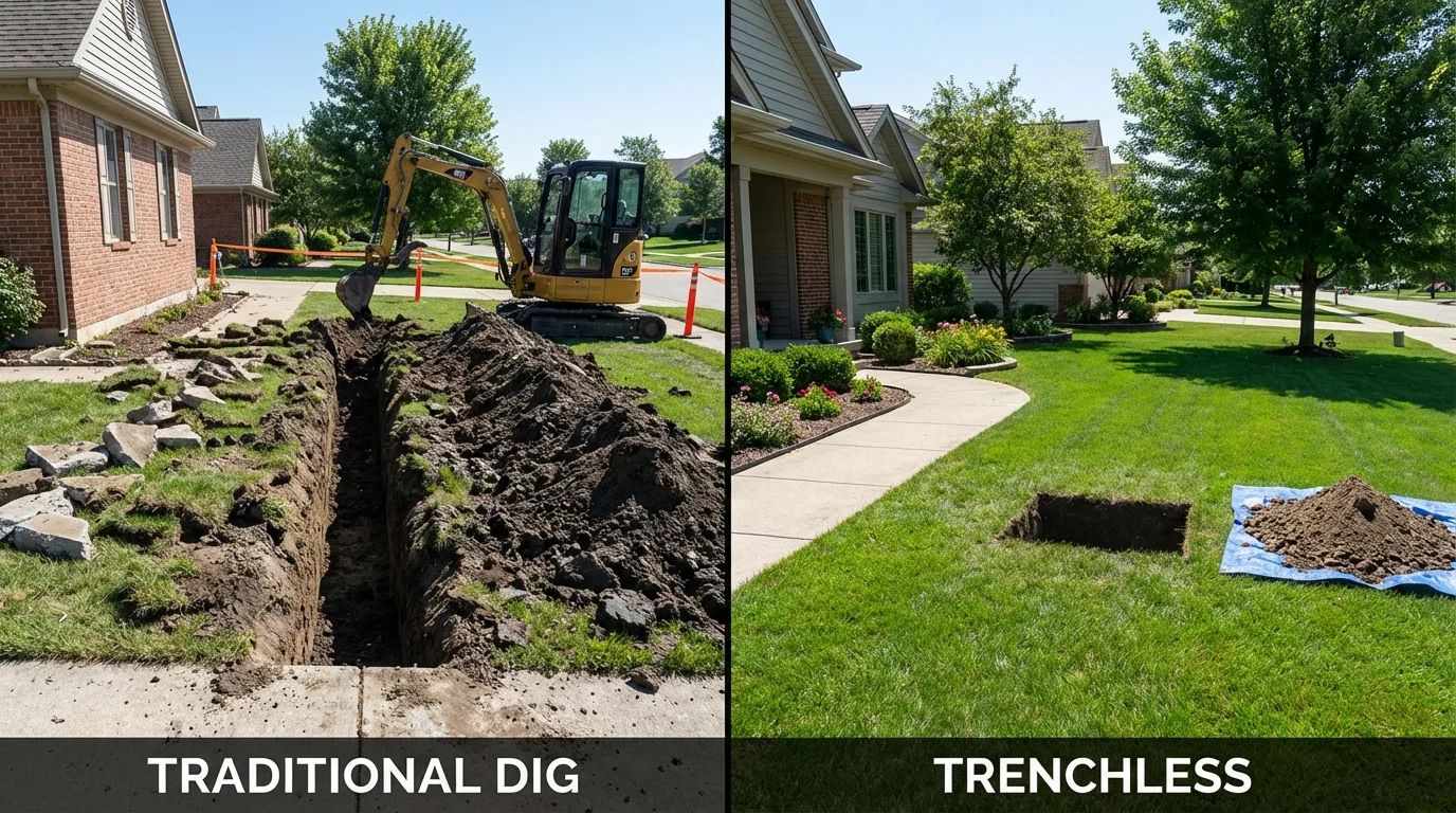 Trenchless sewer repair with minimal yard damage versus traditional excavation in Nickerson, KS