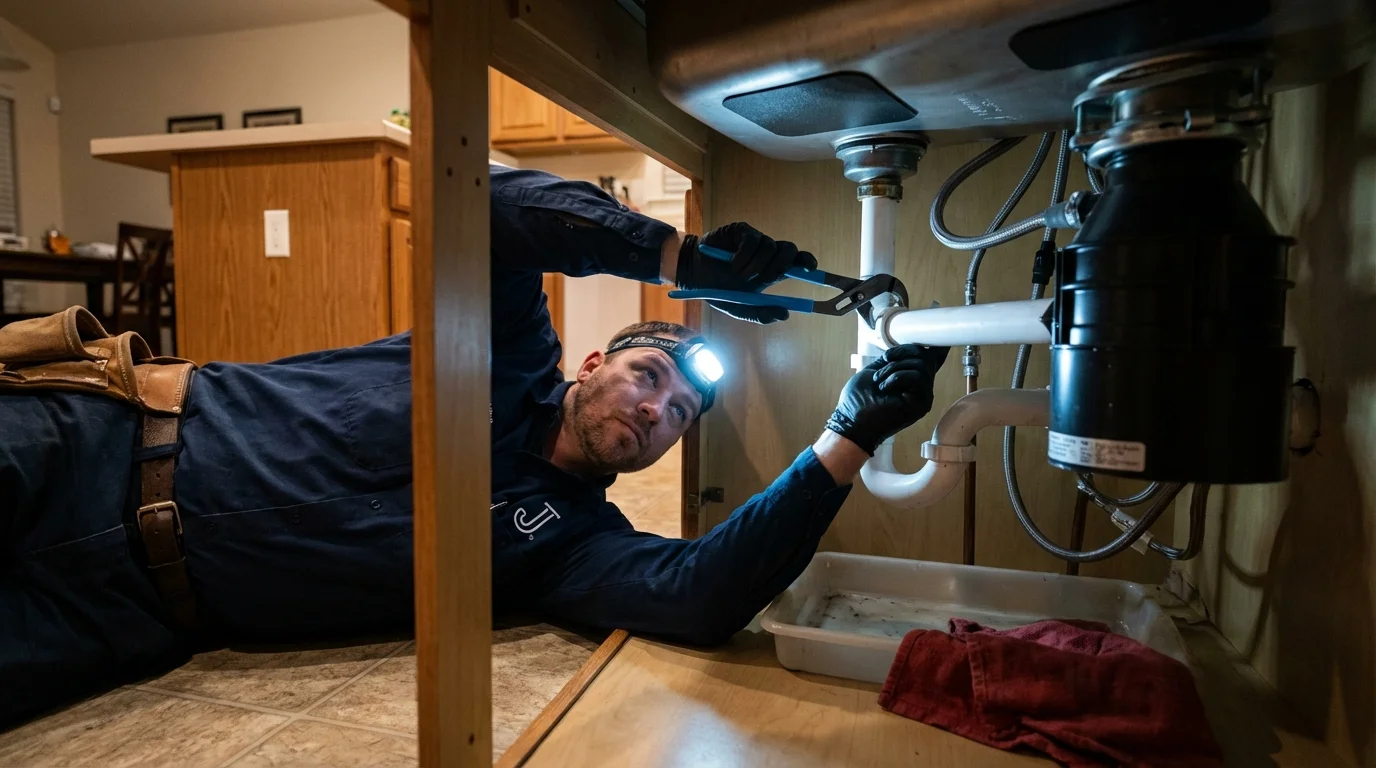 P-trap and supply line connections under a kitchen sink showing a common leak point in Nickerson, KS